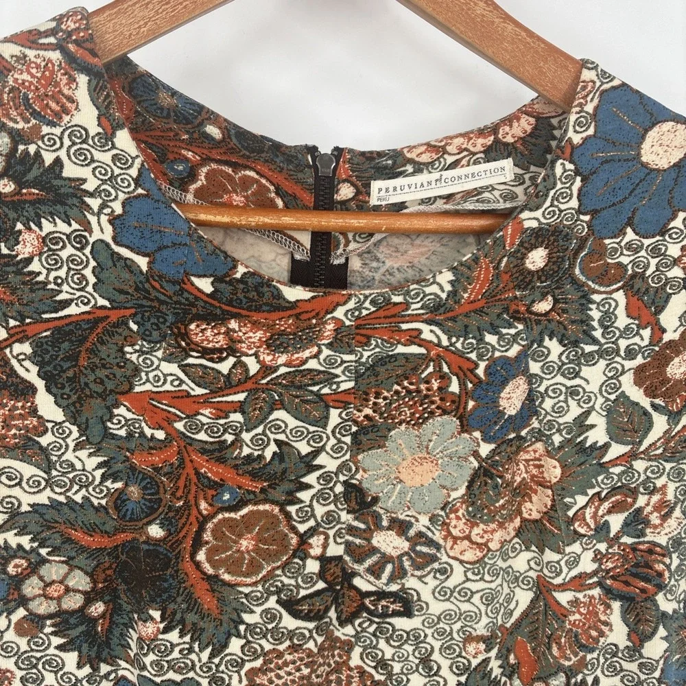 Peruvian Connection Womens Shift Dress Small Floral Pleated Pockets Stretch Boho - Picture 2 of 9